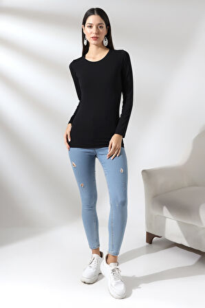 Uzun Kol Bisiklet Yaka Penye Kompakt Bady 19646 SİYAH