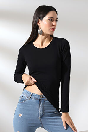 Uzun Kol Bisiklet Yaka Penye Kompakt Bady 19646 SİYAH