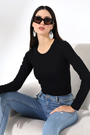 Uzun Kol Bisiklet Yaka Penye Kompakt Bady 19646 SİYAH