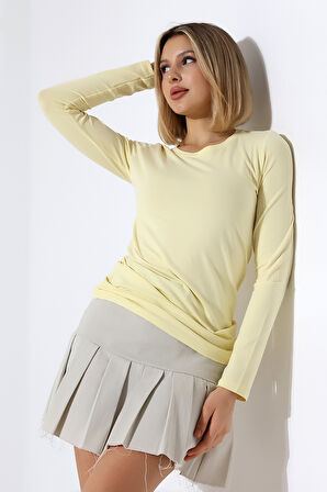 Uzun Kol Bisiklet Yaka Penye Kompakt Body 19646 AÇIK SARI