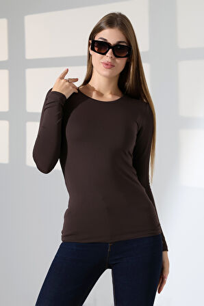 Uzun Kol Bisiklet Yaka Penye Kompakt Body 19646 KAHVE