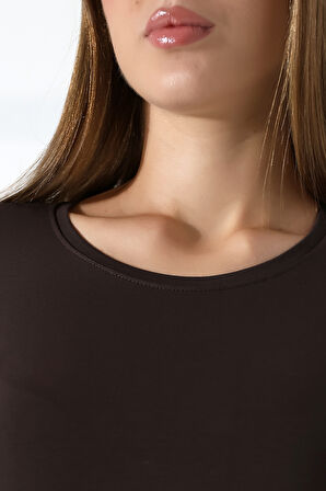 Uzun Kol Bisiklet Yaka Penye Kompakt Body 19646 KAHVE