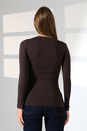 Uzun Kol Bisiklet Yaka Penye Kompakt Body 19646 KAHVE