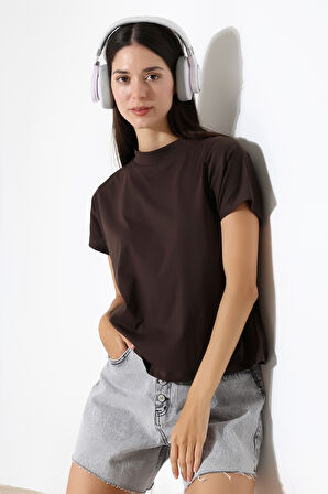 Dik Yaka Pamuklu T-shirt 19588 KAHVE
