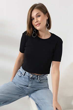 Pamuklu Kompakt Penye Ribana Bisiklet Yaka Crop T-Shirt 21560 SİYAH