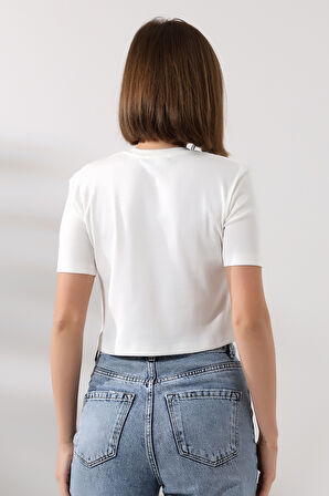 Pamuklu Kompakt Penye Ribana Bisiklet Yaka Crop T-Shirt 21560 EKRU