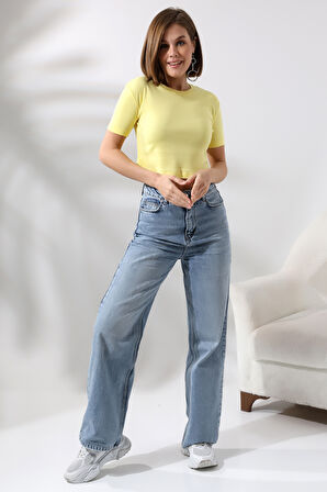 Pamuklu Kompakt Penye Ribana Bisiklet Yaka Crop T-Shirt 21560 AÇIK SARI