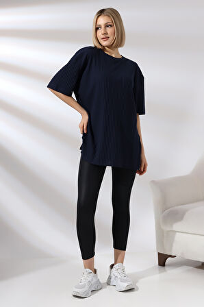 Oversize Yırtmaçlı Raporlu Tunik T-shirt 21493 LACİVERT