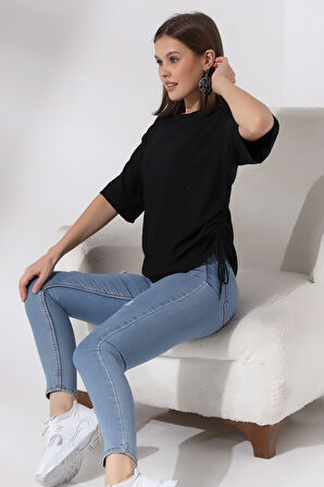Bürümcük Kumaş Yanları Büzgülü Salaş T-Shirt 21118 SİYAH