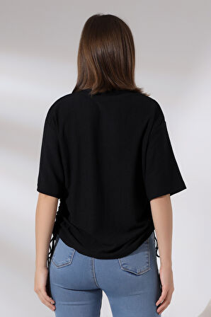 Bürümcük Kumaş Yanları Büzgülü Salaş T-Shirt 21118 SİYAH