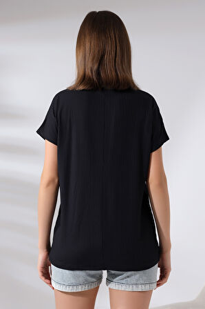 Fitilli Kumaş Dik Yaka Salaş T-Shirt 21230 SİYAH
