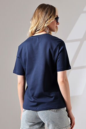 Pamuklu Penye Kompakt Ağır Kumaş Kısa Kol Comfort Fit T-Shirt 21666 LACİVERT