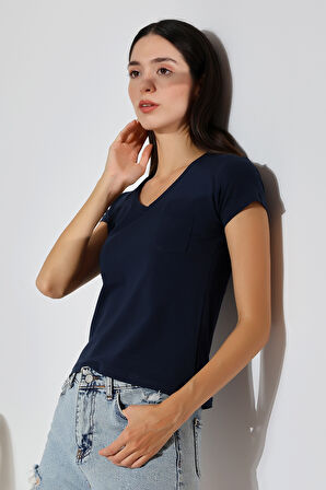 Pis V Yaka Penye Kompakt Likralı Kısa Kol Cepli Basic T-Shirt 21065 LACİVERT