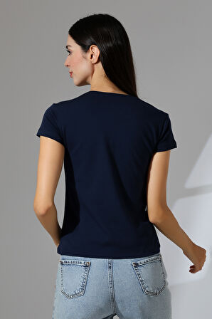 Pis V Yaka Penye Kompakt Likralı Kısa Kol Cepli Basic T-Shirt 21065 LACİVERT