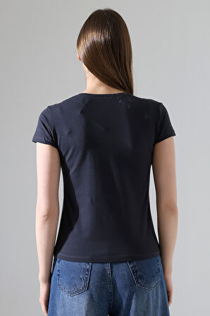 Kare Yaka Kısa Kol Penye Kompakt Likralı Esnek Basic T-Shirt 21069 FÜME