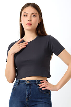 Pamuklu Kompakt Penye Ribana Bisiklet Yaka Crop T-Shirt 21560 FÜME