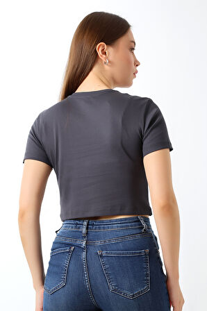 Pamuklu Kompakt Penye Ribana Bisiklet Yaka Crop T-Shirt 21560 FÜME
