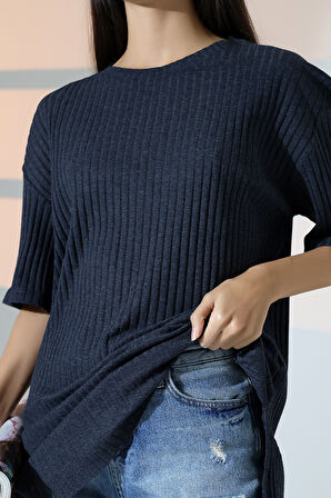 Oversize Yırtmaçlı Raporlu Tunik T-shirt 21493 İNDİGO