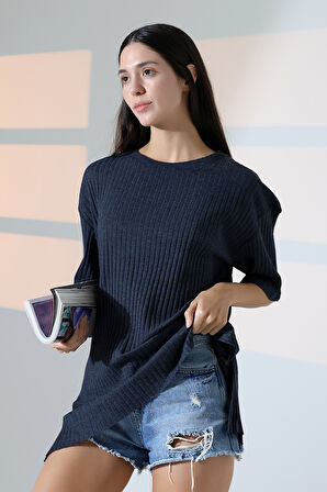 Oversize Yırtmaçlı Raporlu Tunik T-shirt 21493 İNDİGO