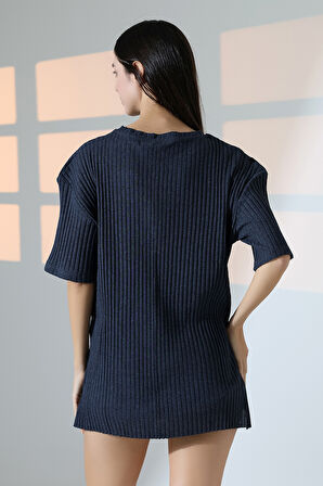 Oversize Yırtmaçlı Raporlu Tunik T-shirt 21493 İNDİGO
