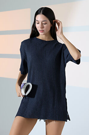 Oversize Yırtmaçlı Raporlu Tunik T-shirt 21493 İNDİGO