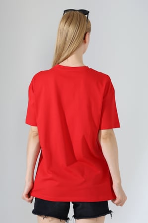 Oversize Bisiklet Yaka %100 Pamuk Penye Kompakt Basic T-Shirt 21752 KIRMIZI