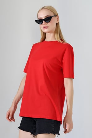 Oversize Bisiklet Yaka %100 Pamuk Penye Kompakt Basic T-Shirt 21752 KIRMIZI
