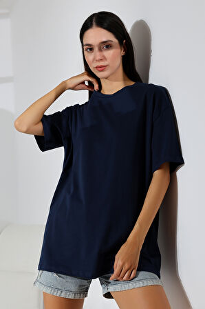 Oversize Bisiklet Yaka %100 Pamuk Penye Kompakt Basic T-Shirt 21752 LACİVERT