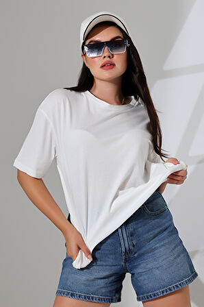 Oversize Bisiklet Yaka %100 Pamuk Penye Kompakt Basic T-Shirt 21752 EKRU