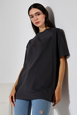 Oversize Bisiklet Yaka %100 Pamuk Penye Kompakt Basic T-Shirt 21752 FÜME