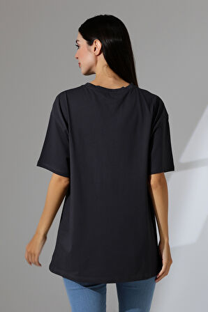 Oversize Bisiklet Yaka %100 Pamuk Penye Kompakt Basic T-Shirt 21752 FÜME