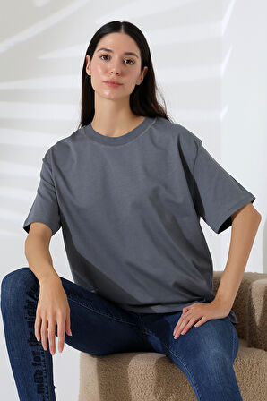 Penye Kompakt Ağır Kumaş Yaka Kaşkorseli Kısa Kol T-Shirt 21667 FÜME