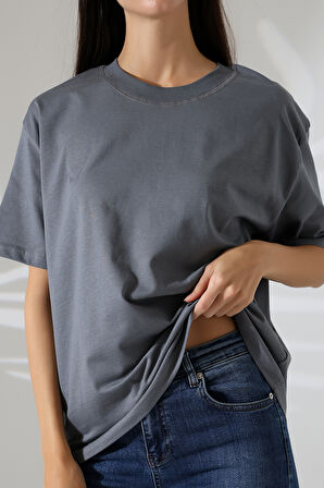 Penye Kompakt Ağır Kumaş Yaka Kaşkorseli Kısa Kol T-Shirt 21667 FÜME