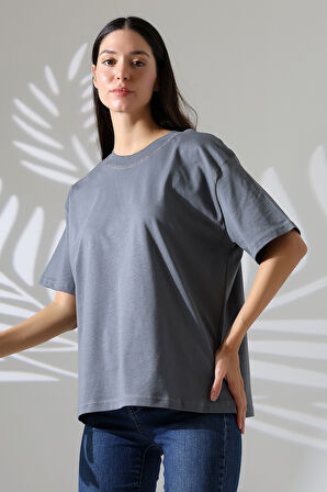 Penye Kompakt Ağır Kumaş Yaka Kaşkorseli Kısa Kol T-Shirt 21667 BOYALI GRİ