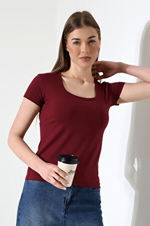 Kare Yaka Kısa Kol Penye Kompakt Likralı Esnek Basic T-Shirt 21069 BORDO
