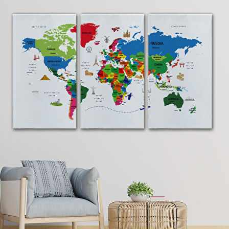 Harita Sepeti Dünya Haritası Dekoratif Kanvas Tablo Ülke ve Başkentli Öğretici ve Sembollü 2331