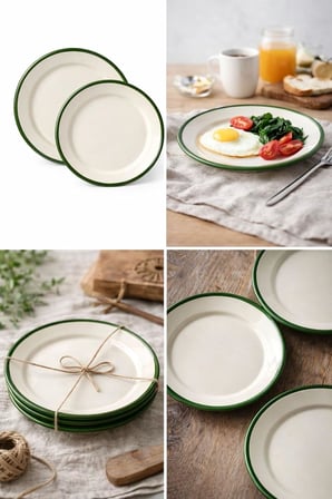 4'lü Emaye Servis Tabağı Seti - 25 cm Krem Renkli Yeşil Kenarlı Yemek Tabağı Takımı - Retro Nostaljik Tasarım, Dayanıklı ve Sağlıklı Mutfak Gereçleri - Kamp ve Ev Kullanımına Uygun
