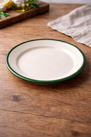 4'lü Emaye Servis Tabağı Seti - 25 cm Krem Renkli Yeşil Kenarlı Yemek Tabağı Takımı - Retro Nostaljik Tasarım, Dayanıklı ve Sağlıklı Mutfak Gereçleri - Kamp ve Ev Kullanımına Uygun