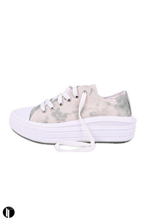 Kadın Su Yeşili Rahat Kalıp Keten Günlük Spor Kalın Tabanlı -5cm- Bağcıklı Sneaker Ayakkabı