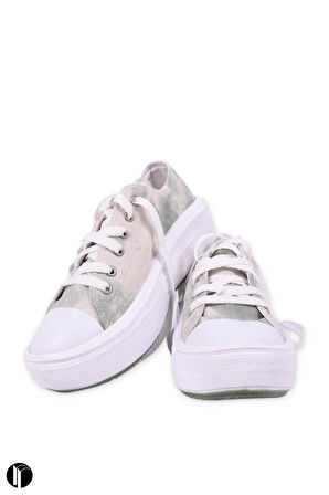 Kadın Su Yeşili Rahat Kalıp Keten Günlük Spor Kalın Tabanlı -5cm- Bağcıklı Sneaker Ayakkabı