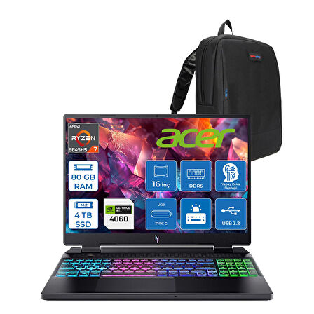 Acer Nitro 16 AN16-42 Amd R7 8845HS Aı 80GB Ddr5 4tb SSD 8GB/RTX4060 140W 16" Wuxga 180Hz IPS Freedos Taşınabilir Bilgisayar NHQSKEY004F25+ZETTAÇANTA