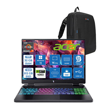 Acer Nitro 16 AN16-42 Amd R7 8845HS Aı 32GB Ddr5 512GB SSD 8GB/RTX4060 140W 16" Wuxga 180Hz IPS Windows 11 Home Taşınabilir Bilgisayar NHQSKEY004H07+ZETTAÇANTA