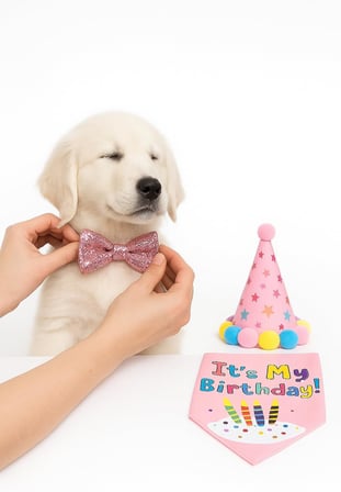 Köpek Kedi Doğum Günü Seti Bandana Şapka Afiş Parti Dekorasyonu, Şapyon Tasma Aksesuarı, Erkek ve Dişi Evcil Hayvanlar İçin (Pembe)