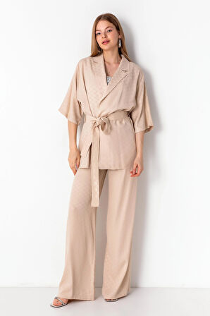 Jakarlı Astarsız Kimono Takım Beige