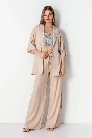 Jakarlı Astarsız Kimono Takım Beige