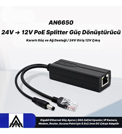 AN6650 PoE Splitter Adaptör 24V to 12V Gigabit Ethernet IP Kamera NVR Modem Access Point Dönüştürücü