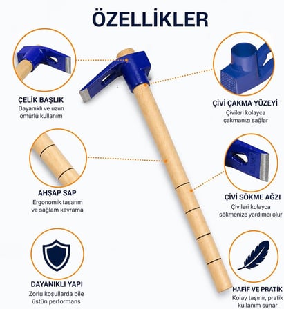 Ahşap Saplı Keser Çekiç Profesyonel Keser Çivi Çakma ve Sökme Aleti Bahçe İşleri İnşaat Marangoz Keseri Dayanıklı Çelik Başlıklı El Aleti (ASORTİ RENK)