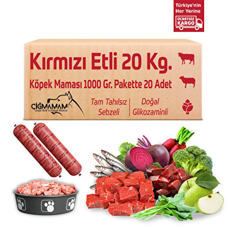 Kırmızı Etli Tahılsız 20 Kg 1000 Gr 20 Adet Çiğmamam Barf Köpek Maması