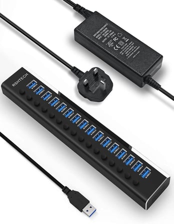 Güçlü USB Hub 16 Bağlantı Noktası 100W USB 3.0 Veri Merkezi Alüminyum USB Bağlantı Noktası Genişletici Bireysel Açma/Kapama Anahtarları ve 12V/8.3A Güç Adaptörü (RSH-A16)