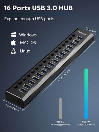 Güçlü USB Hub 16 Bağlantı Noktası 100W USB 3.0 Veri Merkezi Alüminyum USB Bağlantı Noktası Genişletici Bireysel Açma/Kapama Anahtarları ve 12V/8.3A Güç Adaptörü (RSH-A16)